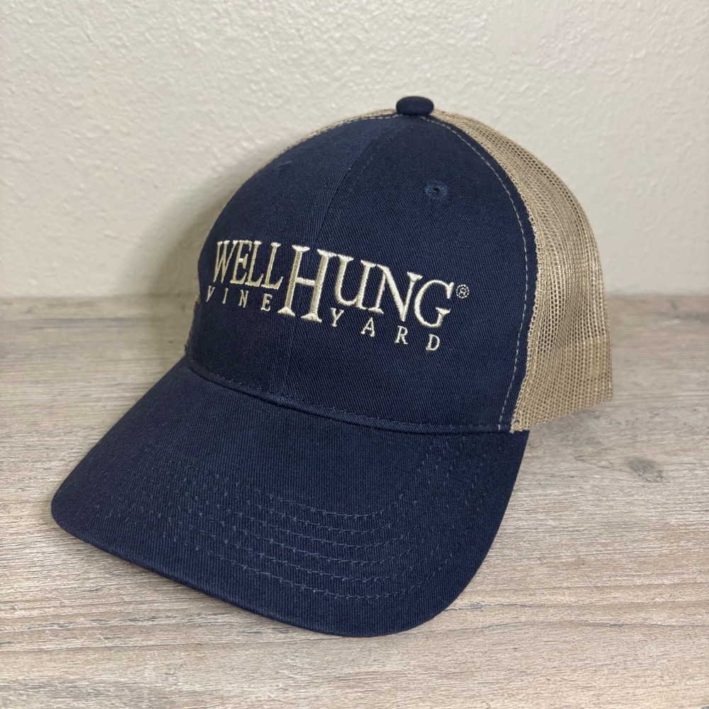 Well Hung Vineyard Charleston SC Trucker Hat Navy Blue Tan Mesh Bretmor Cap